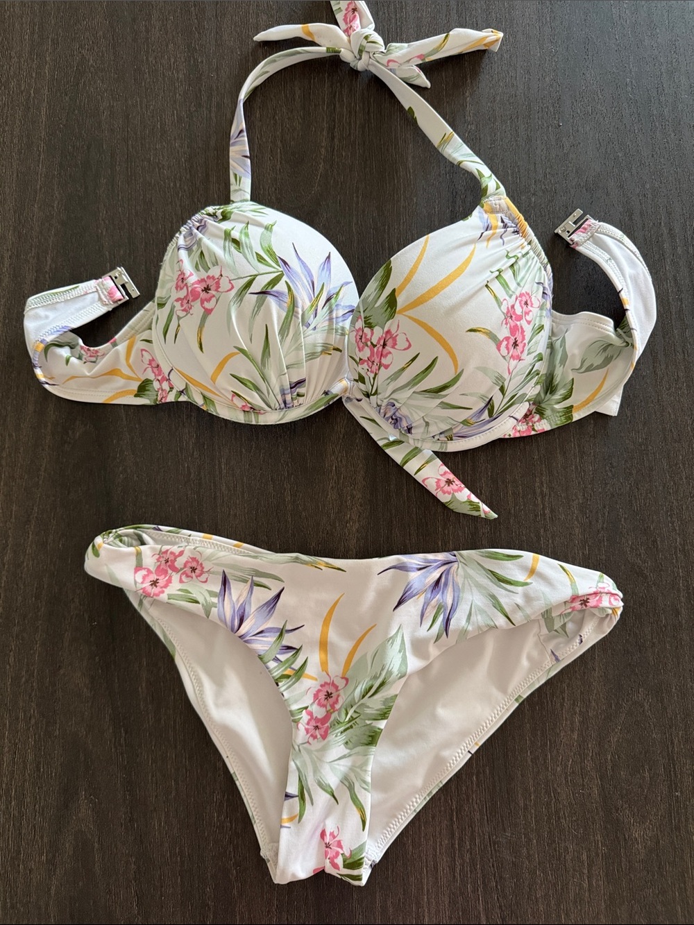 H&M Floral White Bikini with Pink and Purple Accents 4 34c